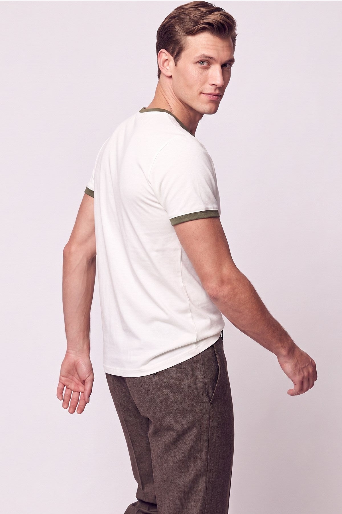 Slim Fit Bisiklet Yaka Ekru - Haki Tişört Ts 932