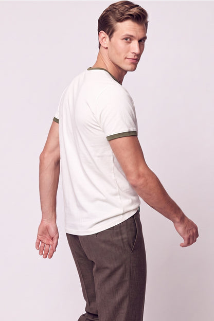 Slim Fit Bisiklet Yaka Ekru - Haki Tişört Ts 932