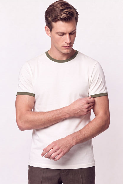Slim Fit Bisiklet Yaka Ekru - Haki Tişört Ts 932