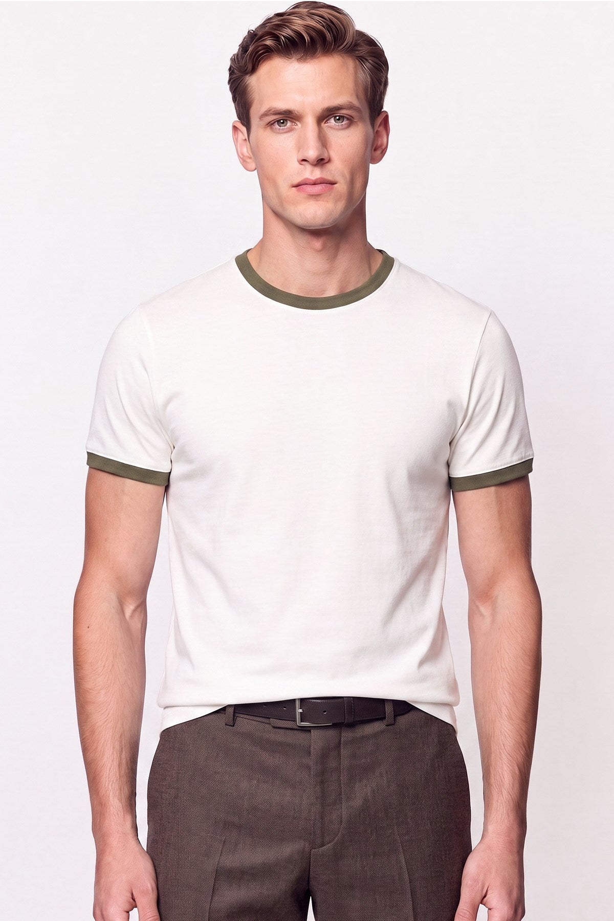 Slim Fit Bisiklet Yaka Ekru - Haki Tişört Ts 932