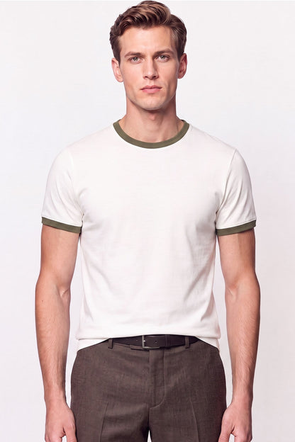 Slim Fit Bisiklet Yaka Ekru - Haki Tişört Ts 932