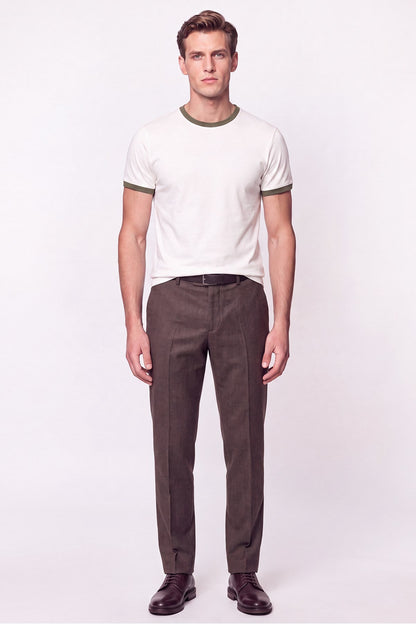 Slim Fit Bisiklet Yaka Ekru - Haki Tişört Ts 932