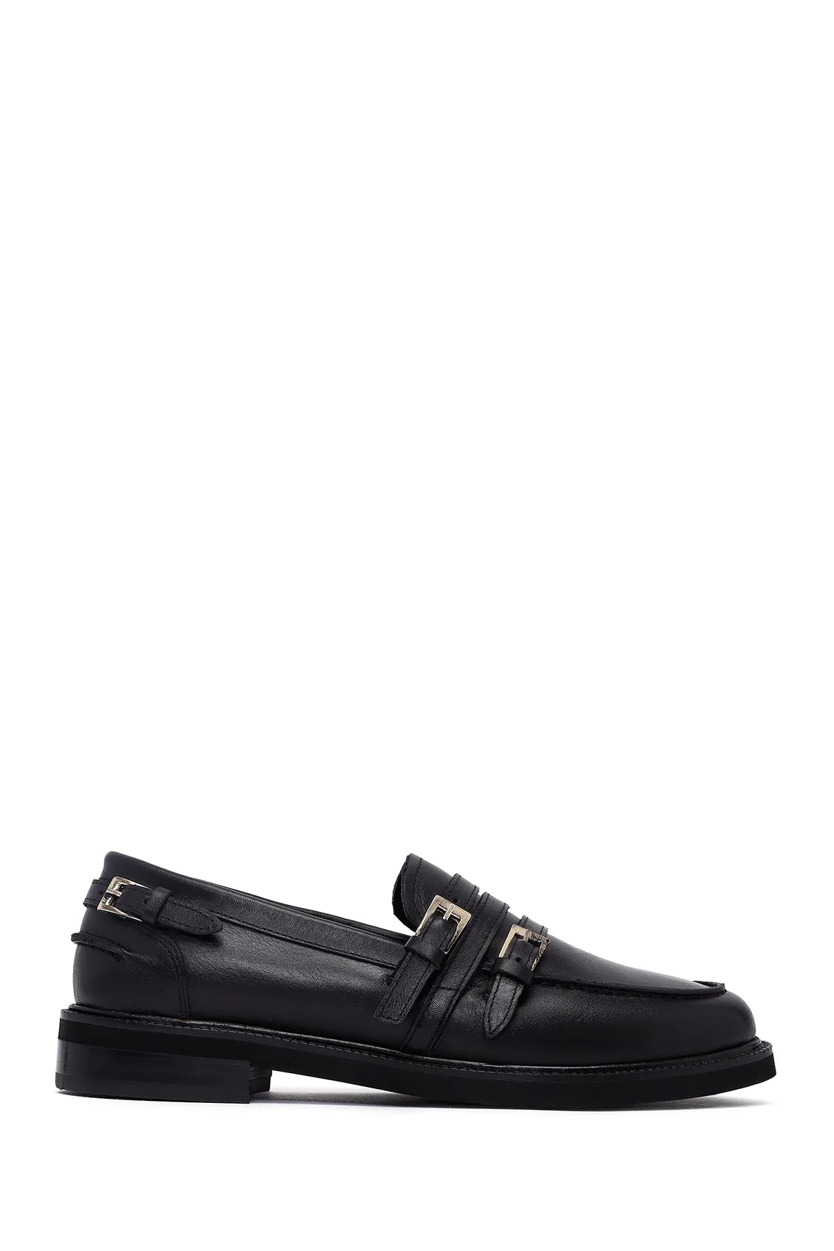 Kadın Siyah Tokalı Deri Maskülen Loafer