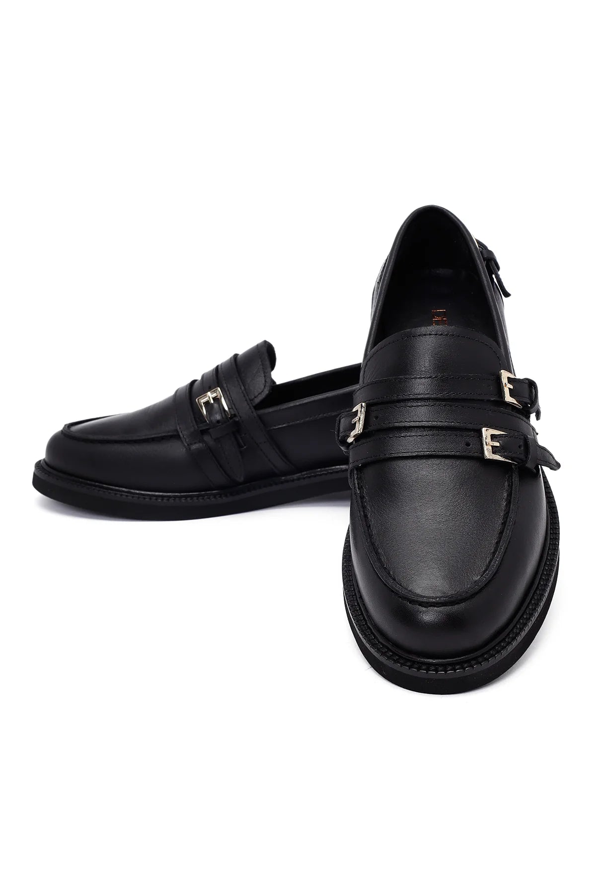 Kadın Siyah Tokalı Deri Maskülen Loafer