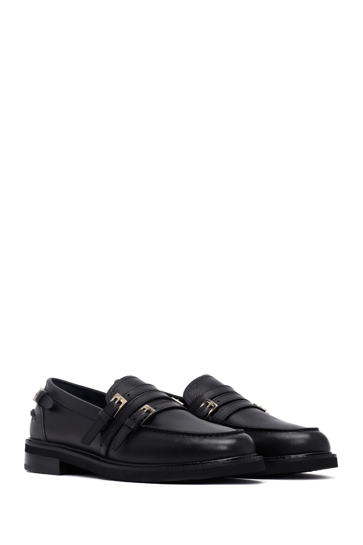 Kadın Siyah Tokalı Deri Maskülen Loafer