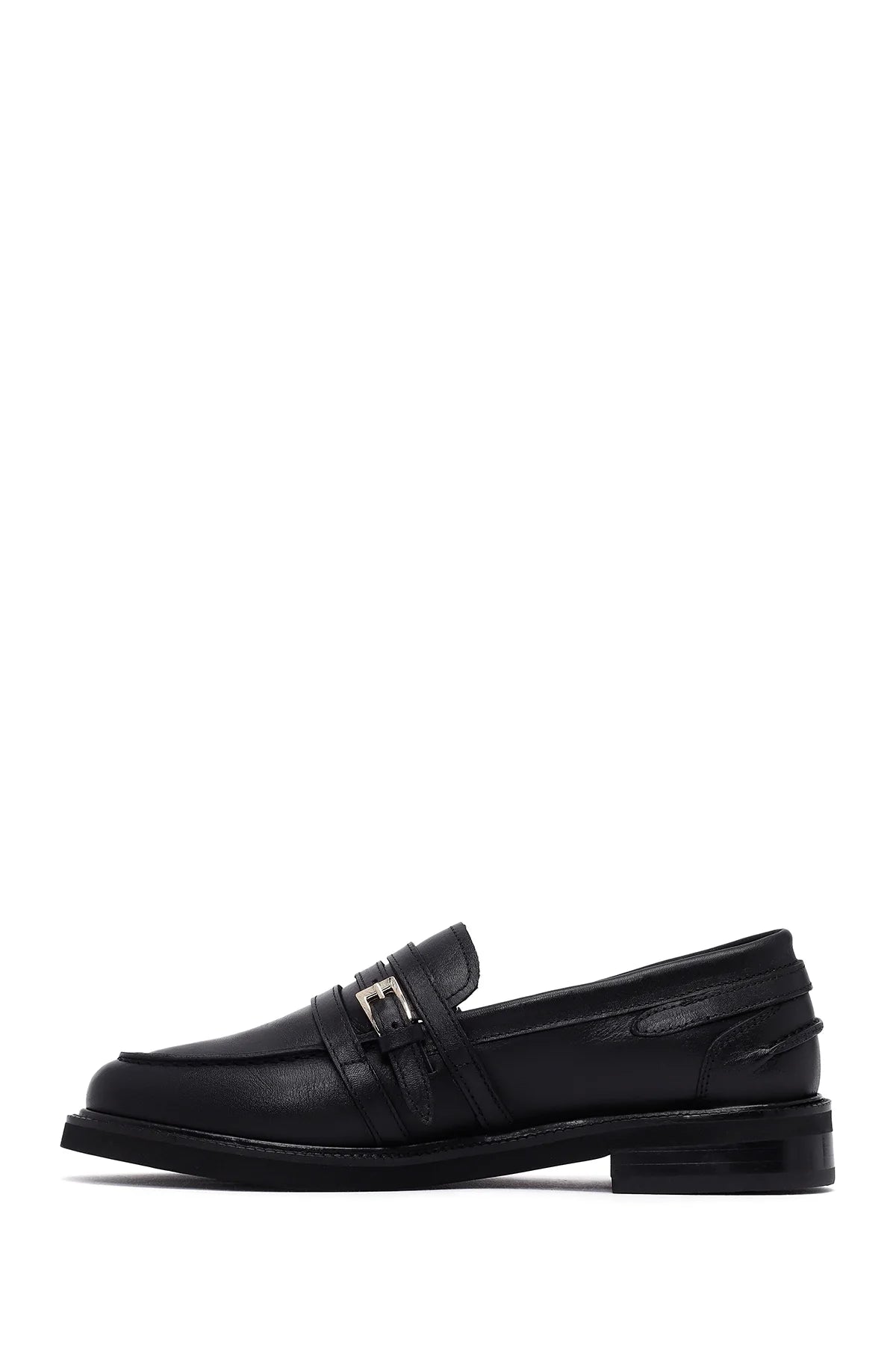 Kadın Siyah Tokalı Deri Maskülen Loafer