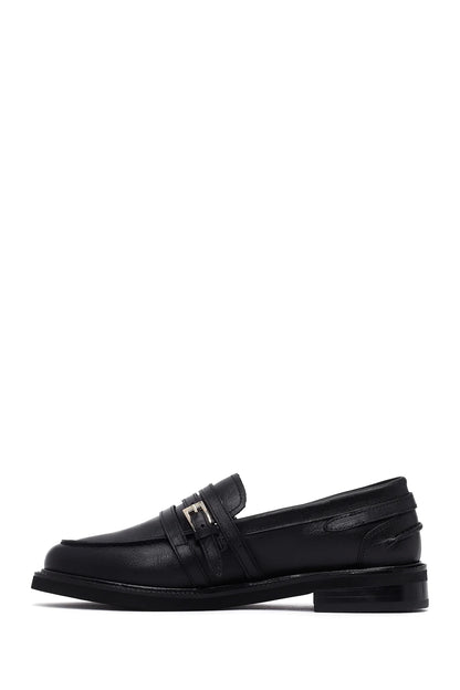 Kadın Siyah Tokalı Deri Maskülen Loafer