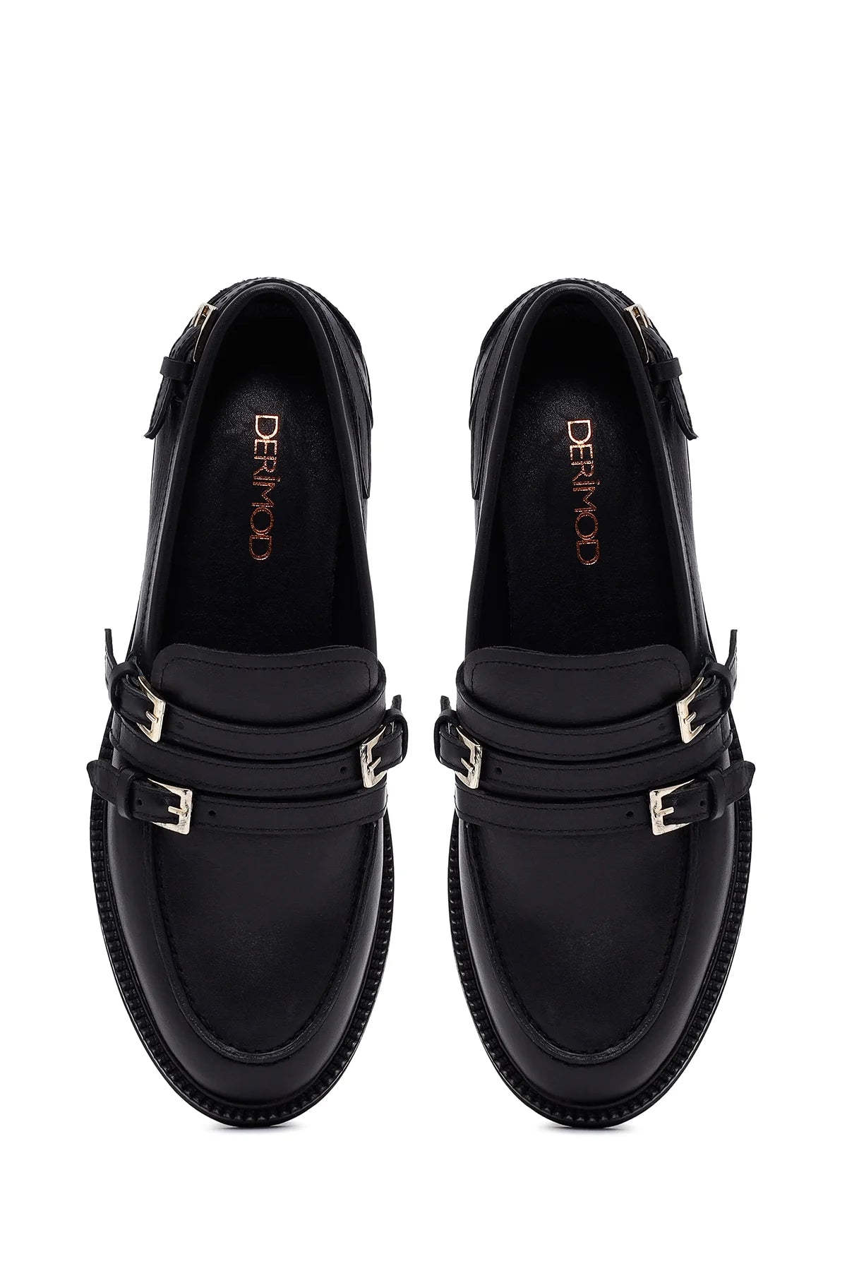 Kadın Siyah Tokalı Deri Maskülen Loafer