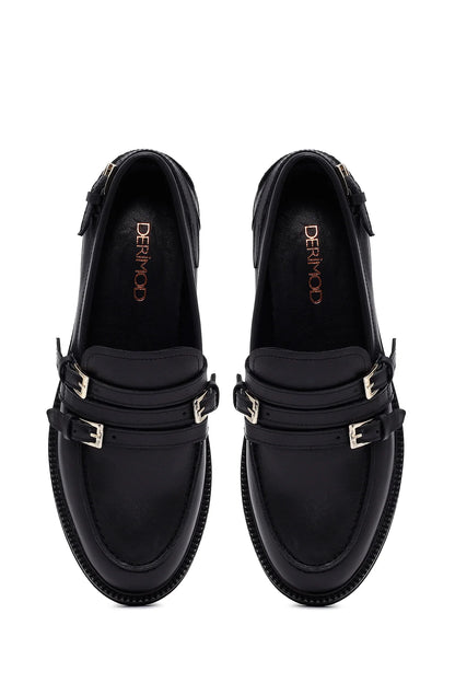 Kadın Siyah Tokalı Deri Maskülen Loafer
