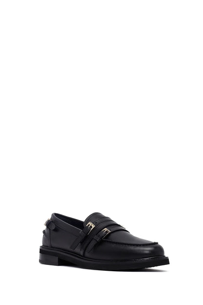 Kadın Siyah Tokalı Deri Maskülen Loafer