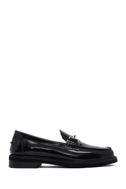Kadın Siyah Tokalı Deri Maskülen Loafer