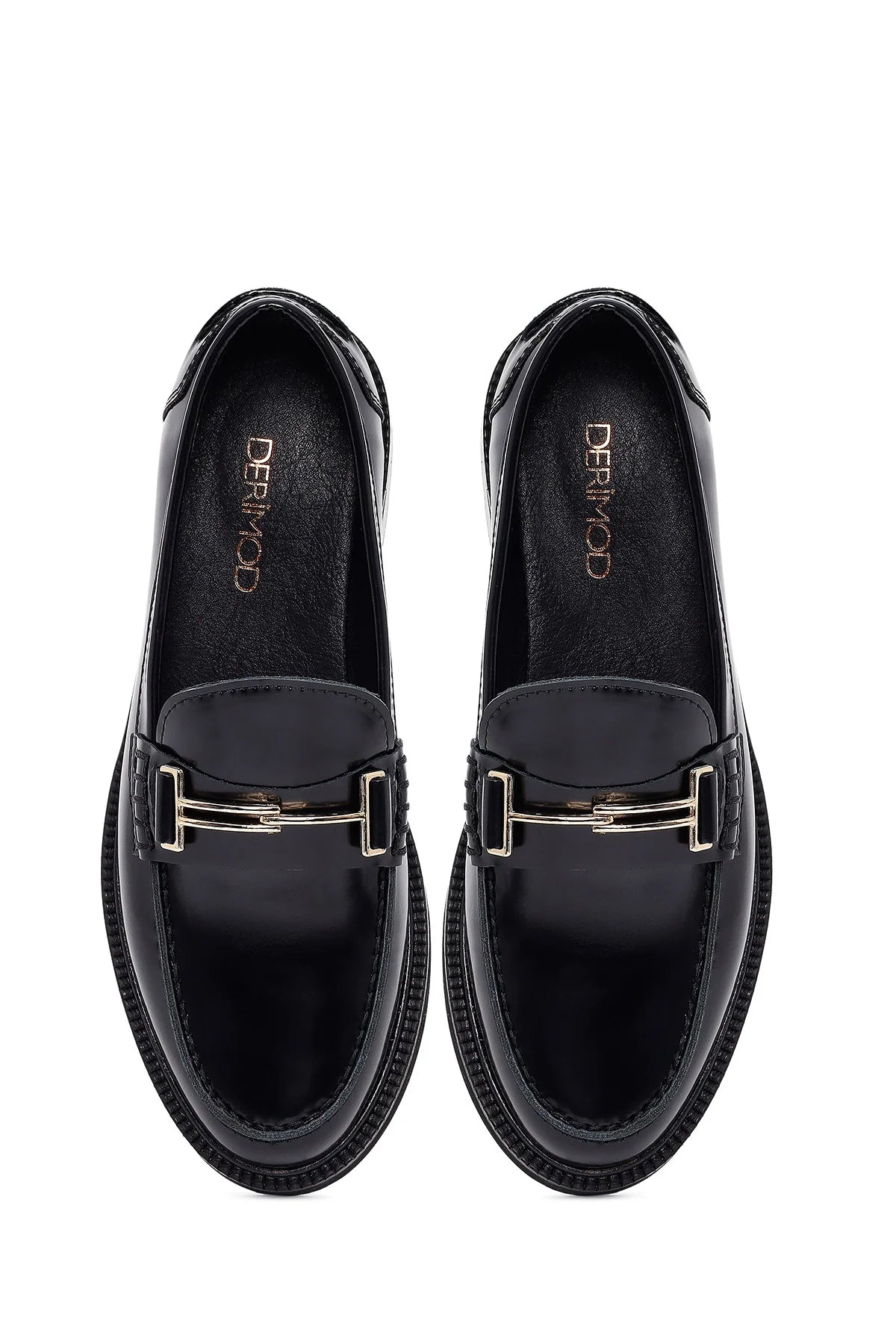 Kadın Siyah Tokalı Deri Maskülen Loafer