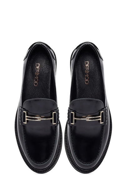Kadın Siyah Tokalı Deri Maskülen Loafer