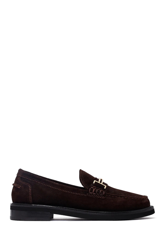 Kadın Kahverengi Tokalı Süet Deri Maskülen Loafer