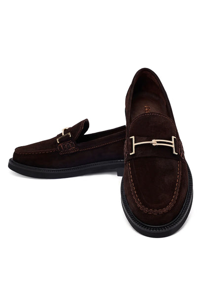 Kadın Kahverengi Tokalı Süet Deri Maskülen Loafer