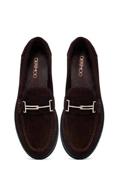 Kadın Kahverengi Tokalı Süet Deri Maskülen Loafer