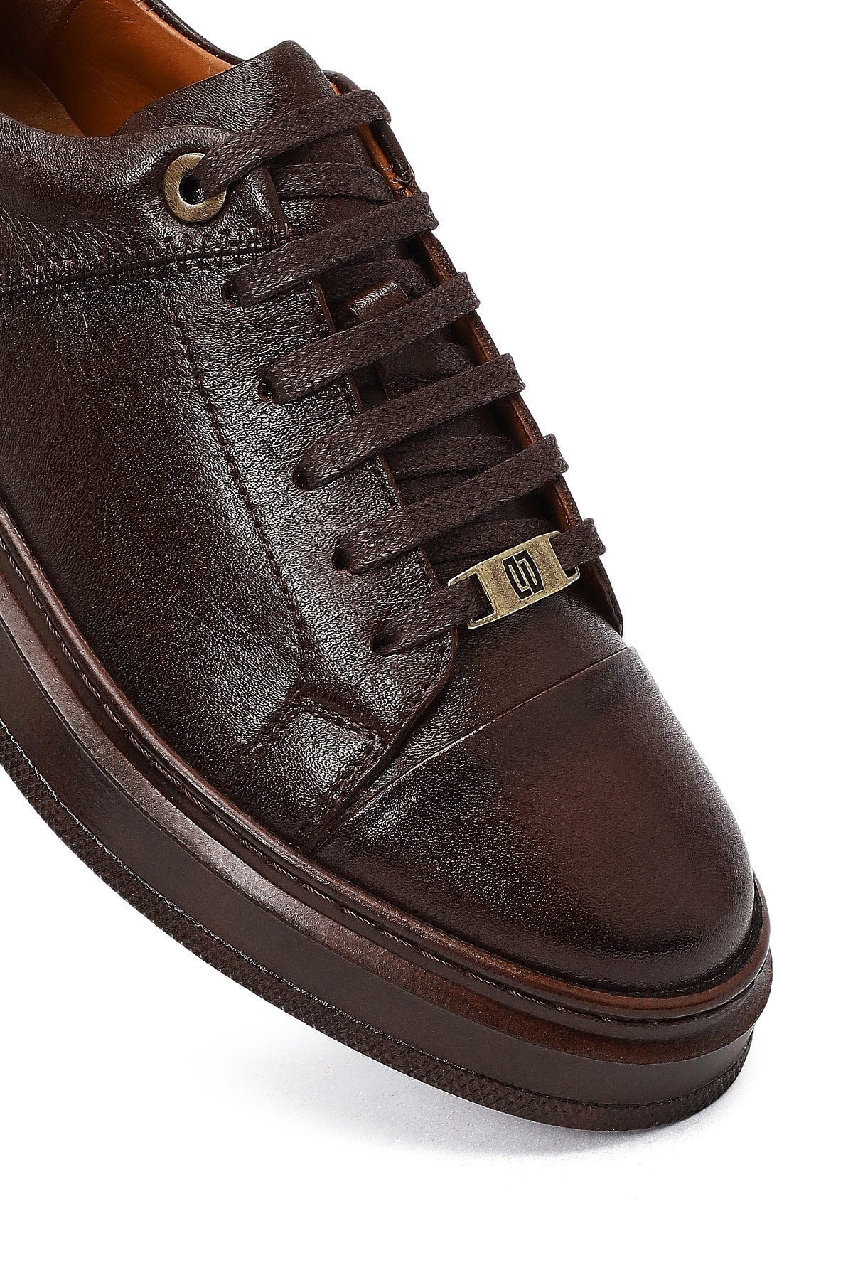 Erkek Kahverengi Bağcıklı Deri Sneaker