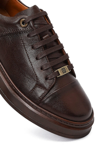 Erkek Kahverengi Bağcıklı Deri Sneaker