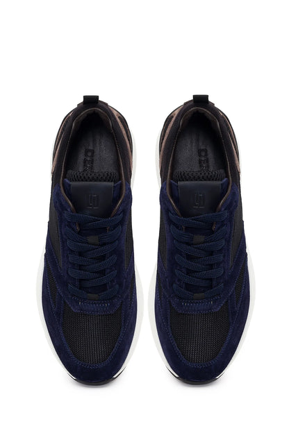 Erkek Lacivert Bağcıklı Kalın Tabanlı Deri Casual Sneaker