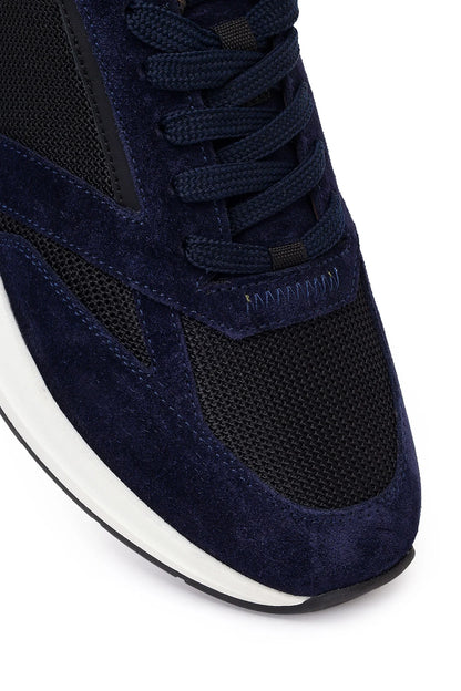 Erkek Lacivert Bağcıklı Kalın Tabanlı Deri Casual Sneaker