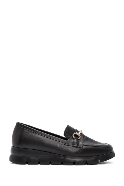 Kadın Siyah Toka Detaylı Deri Comfort Loafer