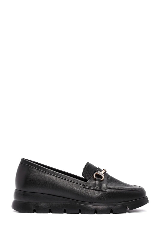 Kadın Siyah Toka Detaylı Deri Comfort Loafer
