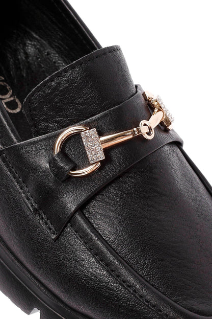 Kadın Siyah Toka Detaylı Deri Comfort Loafer