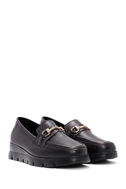 Kadın Siyah Toka Detaylı Deri Comfort Loafer