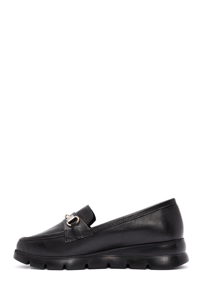 Kadın Siyah Toka Detaylı Deri Comfort Loafer