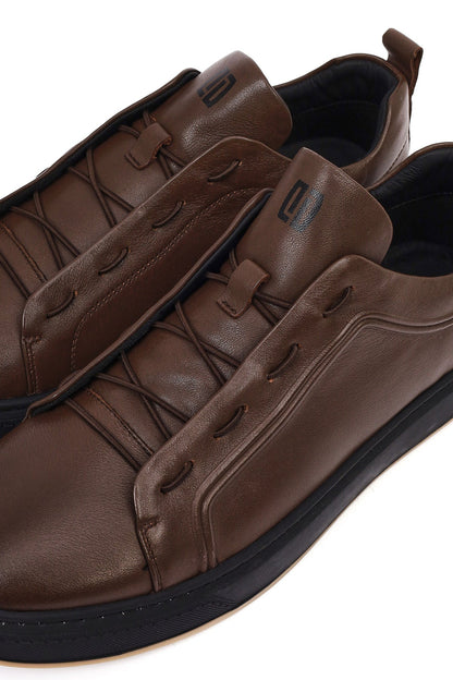 Erkek Kahverengi Bağcıklı Deri Sneaker