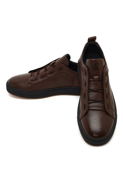 Erkek Kahverengi Bağcıklı Deri Sneaker
