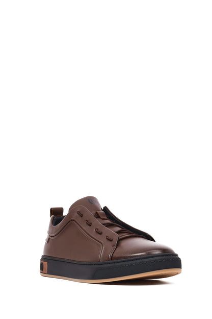 Erkek Kahverengi Bağcıklı Deri Sneaker