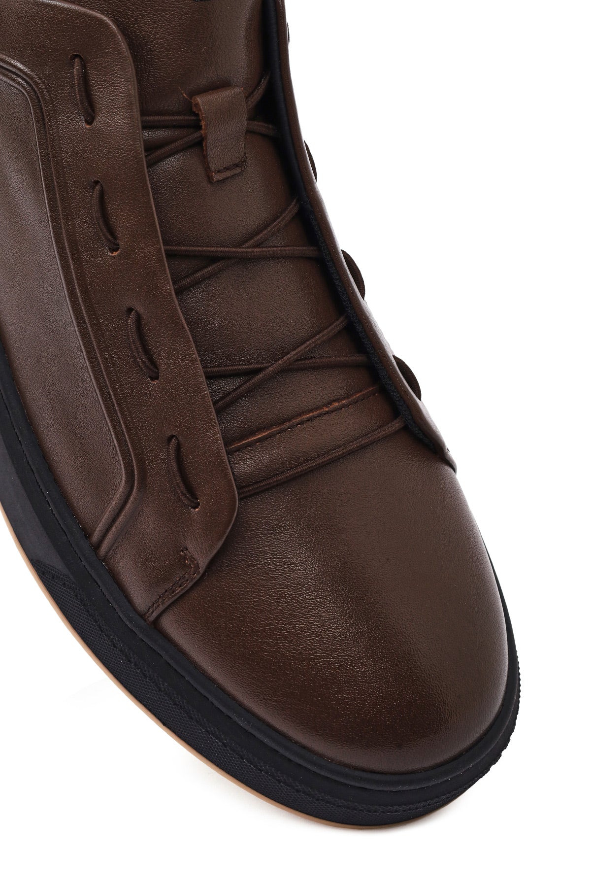Erkek Kahverengi Bağcıklı Deri Sneaker