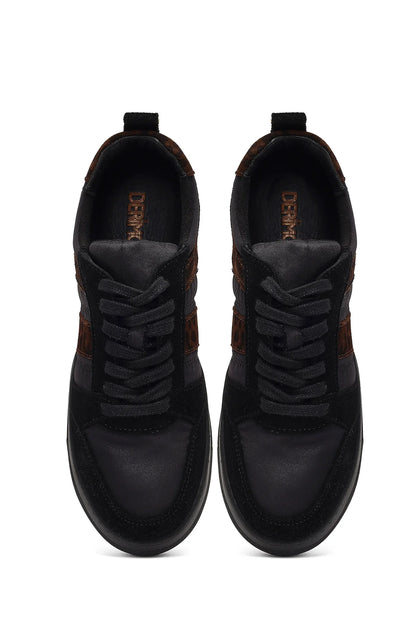 Kadın Siyah Bağcıklı Kalın Tabanlı Desenli Deri Sneaker