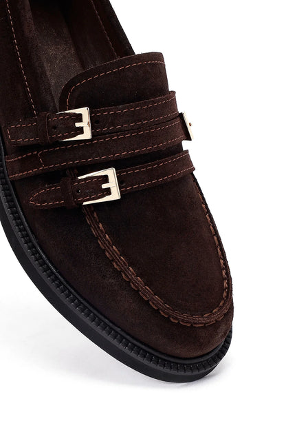 Kadın Kahverengi Tokalı Süet Deri Maskülen Loafer