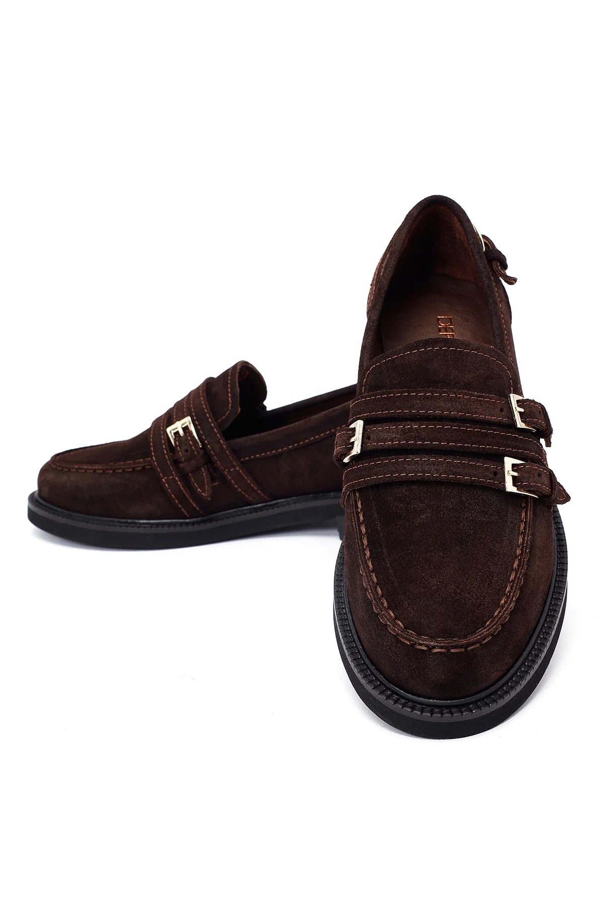 Kadın Kahverengi Tokalı Süet Deri Maskülen Loafer