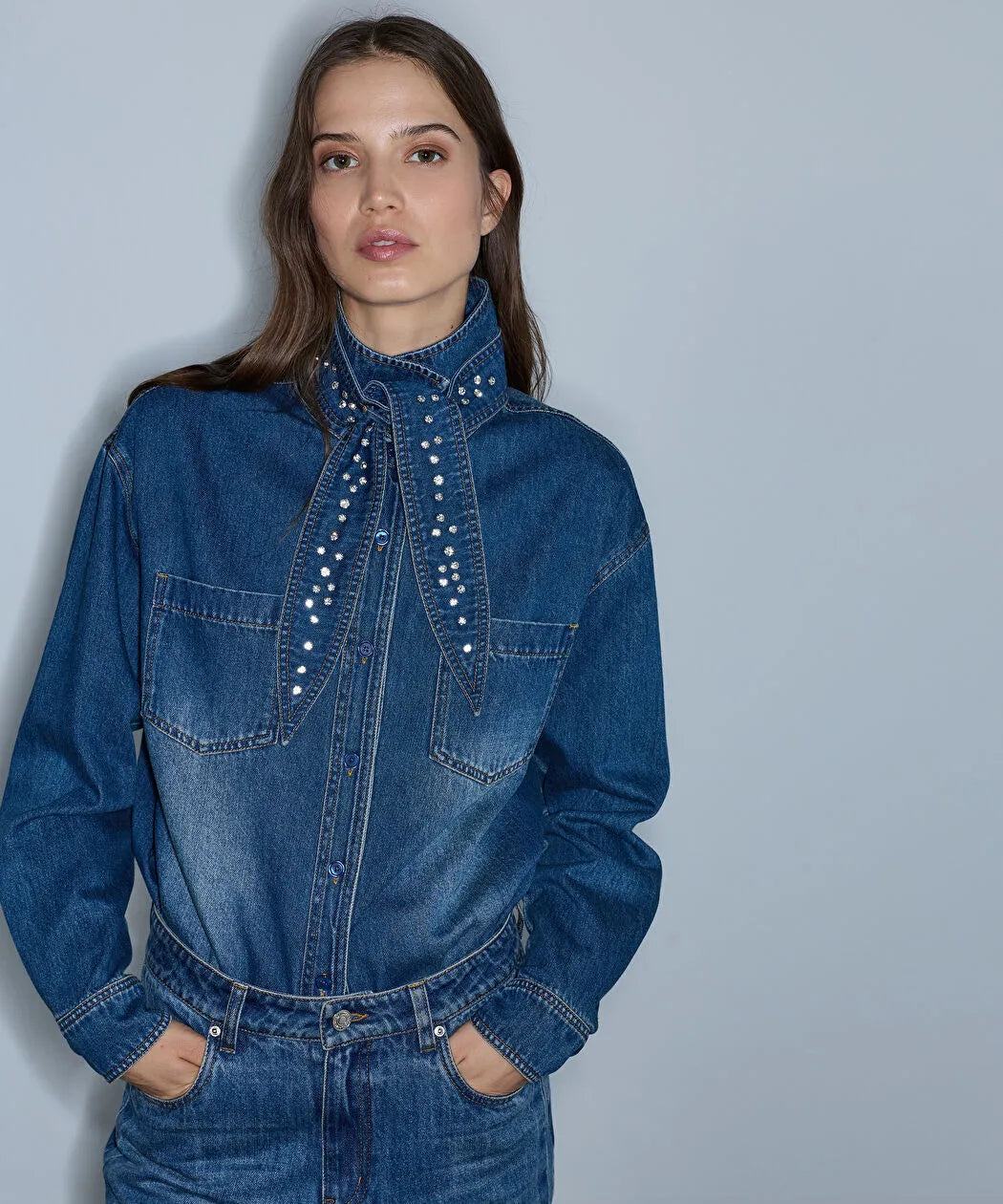 Mavi Çıkarılabilir Fularlı Denim Gömlek Iw6260025145629 | Ipekyol
