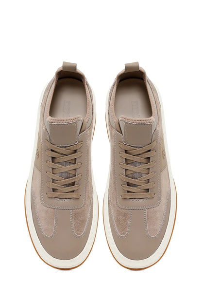 Erkek Bej Bağcıklı Kalın Tabanlı Deri Sneaker