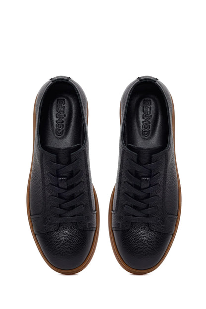 Erkek Siyah Bağcıklı Deri Sneaker