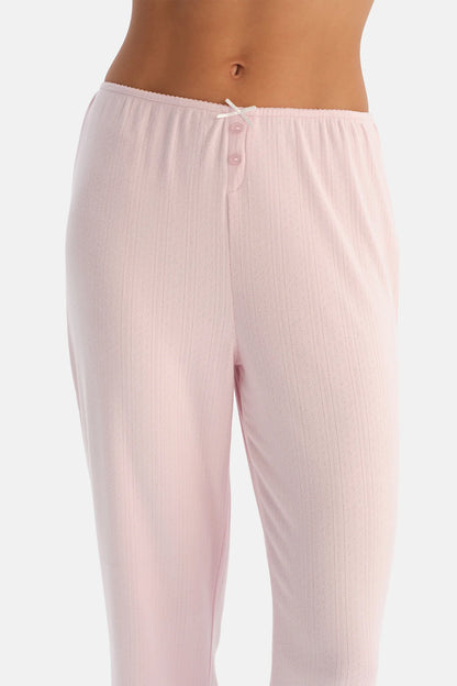 Açık Pembe Uzun Kollu Pointel Tişört Pantolon Takım