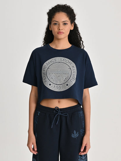 Fenerbahçe Lacivert Tribün Hologram Logolu Kadın Crop Oversize Tshirt