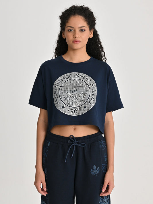 Fenerbahçe Lacivert Tribün Hologram Logolu Kadın Crop Oversize Tshirt