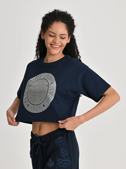 Fenerbahçe Lacivert Tribün Hologram Logolu Kadın Crop Oversize Tshirt