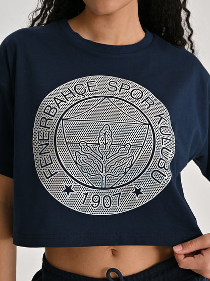 Fenerbahçe Lacivert Tribün Hologram Logolu Kadın Crop Oversize Tshirt