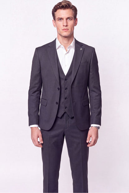 Slim Fit Çift Yırtmaç %97 Yünlü Doku Desenli Esnek Antrasit Yelekli Takım Elbise Tk 927