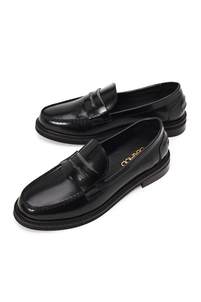 Kadın Siyah Deri Maskülen Loafer