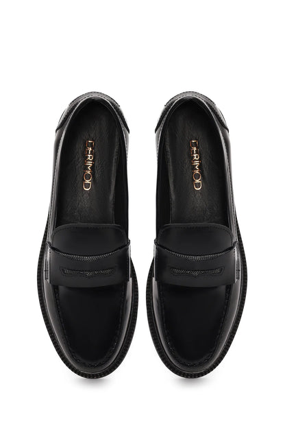 Kadın Siyah Deri Maskülen Loafer