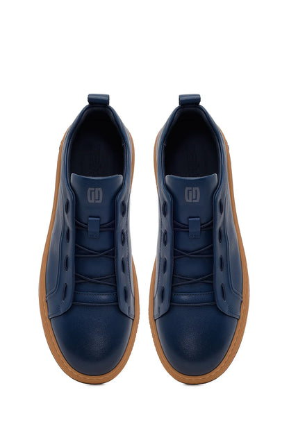 Erkek Lacivert Bağcıklı Deri Sneaker