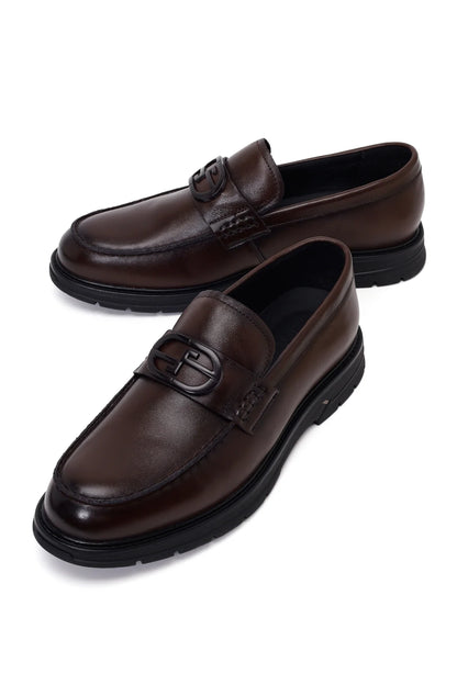 Erkek Kahverengi Tokalı Deri Casual Loafer