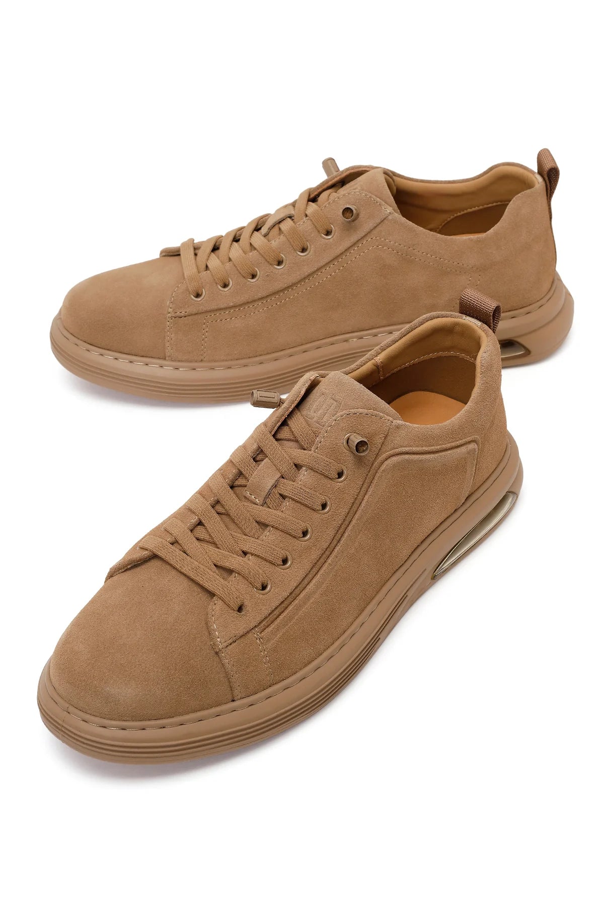 Erkek Bej Bağcıklı Kalın Tabanlı Süet Deri Sneaker